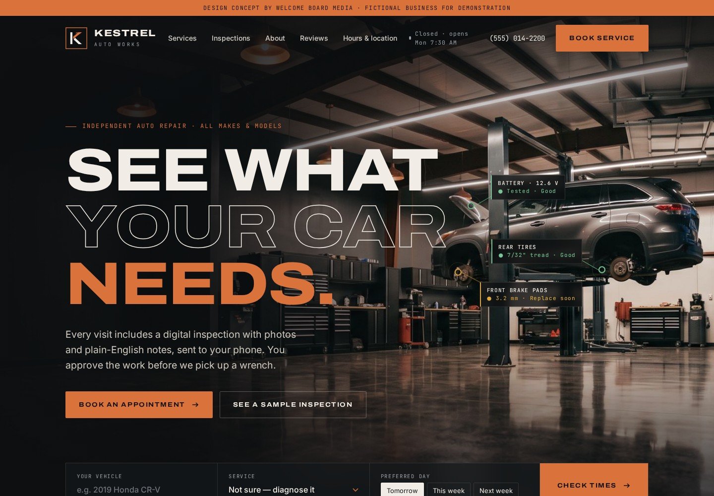 Kestrel Auto Works homepage with bold copper and graphite typography, workshop photography and digital inspection highlights.