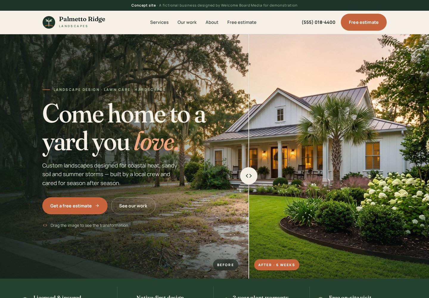 Palmetto Ridge Landscapes homepage with botanical green styling and a before-and-after front-yard slider.