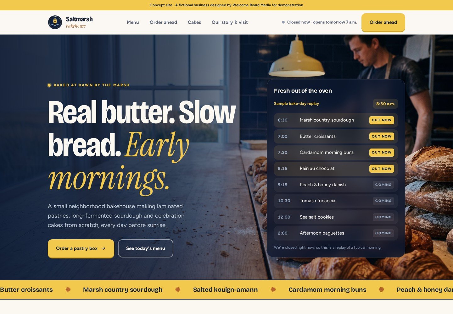 Saltmarsh Bakehouse homepage with navy and yellow styling, pastry photography and the Fresh out of the oven bake schedule.