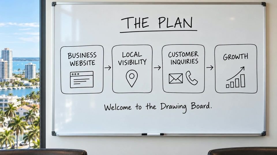 Whiteboard plan: Business Website, Local Visibility, Customer Inquiries, Growth — Welcome to the Drawing Board.